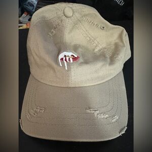 Khaki Kylie Cosmetics Distressed Hat from Launch Event in SoHo NYC OS